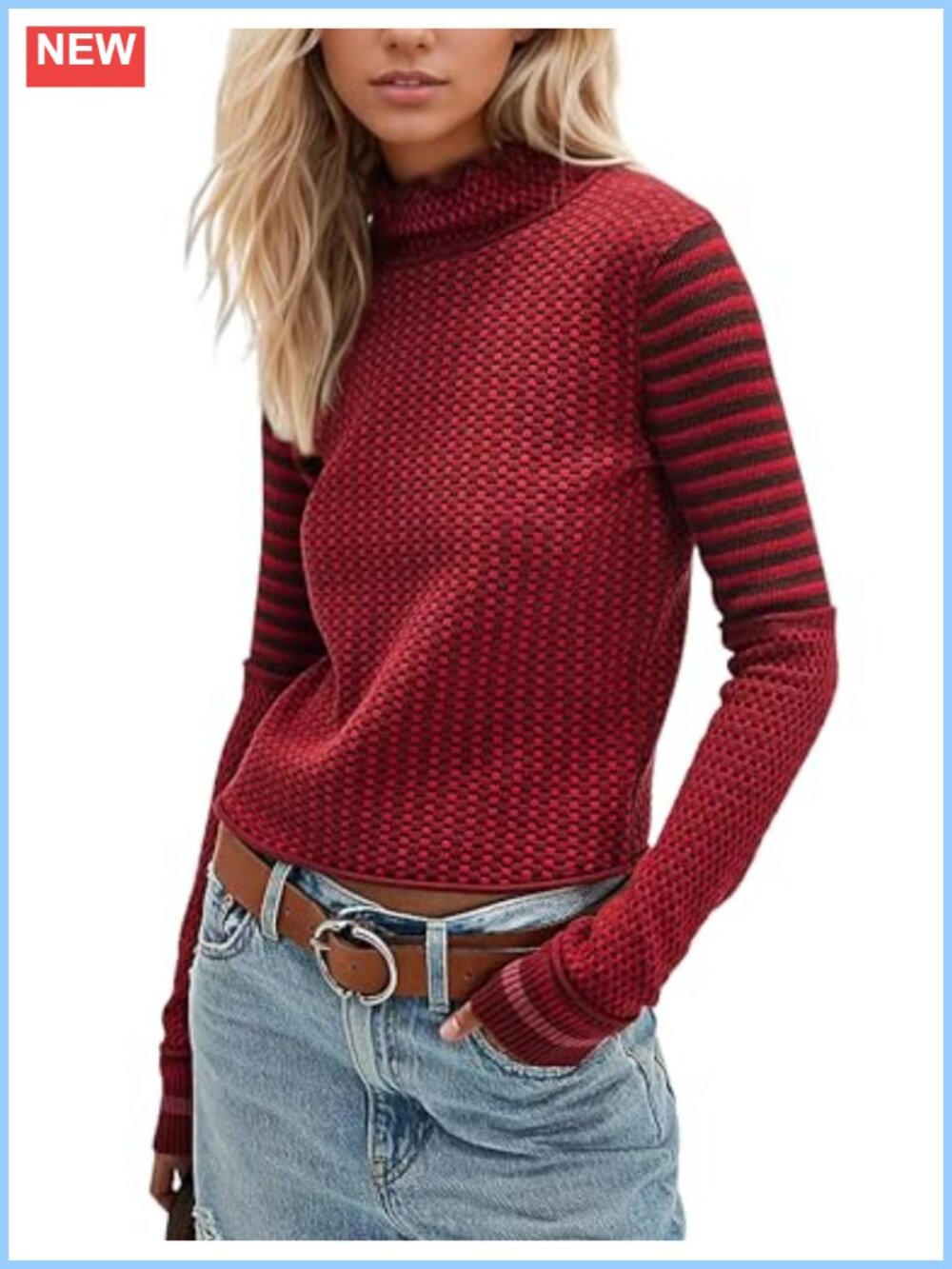 Mock Neck Plaid Slim Fit Knit Pullover Sweater Long Sleeve